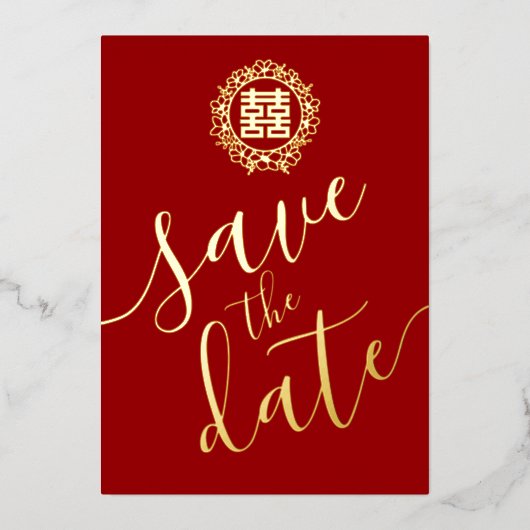 赤いフローラ中国のリース結婚式の日付を保存 箔招待状 (正面)