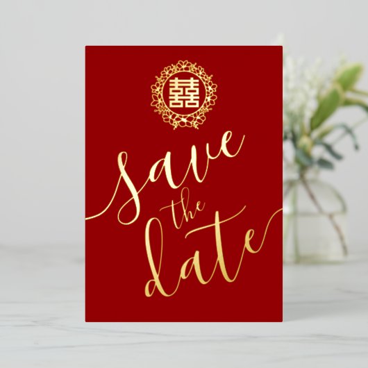 赤いフローラ中国のリース結婚式の日付を保存 箔招待状 (立ち正面)