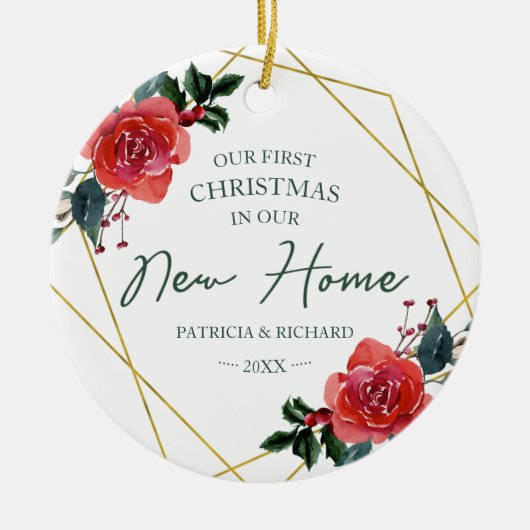 赤いフローラ我々の初めてのクリスマスは我々の新しい家 セラミックオーナメント (正面)