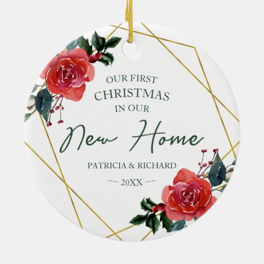赤いフローラ我々の初めてのクリスマスは我々の新しい家 セラミックオーナメント (裏面)