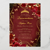 赤いフローラ王室の金ゴールドスワールバタフライキンセアニェラ 箔招待状 (正面)