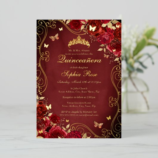 赤いフローラ王室の金ゴールドスワールバタフライキンセアニェラ 箔招待状 (立ち正面)
