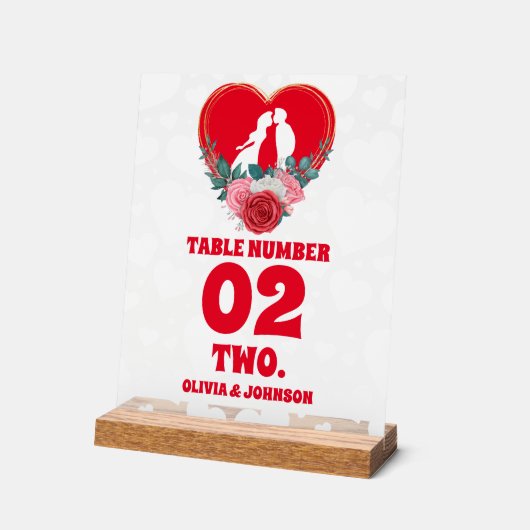 赤いフローラ結婚ハートのテーブル番号 アクリルサイン (傾斜)