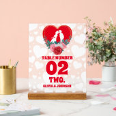 赤いフローラ結婚ハートのテーブル番号 アクリルサイン (ウェディング)