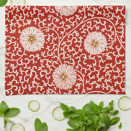赤いフローラ鮮やか華美クラシックパターン キッチンタオル (折り畳み)