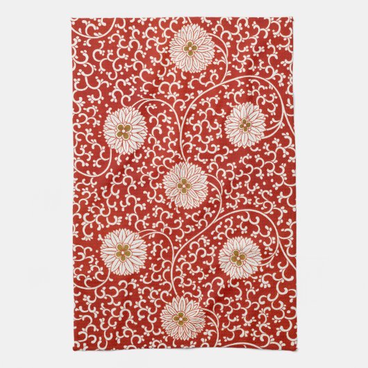 赤いフローラ鮮やか華美クラシックパターン キッチンタオル (縦)