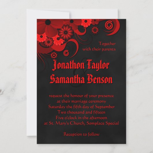 赤いフローラ黒い黒板ゴシック式の結婚式の招待 招待状 (正面)