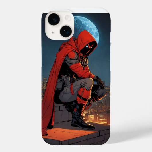 赤いフードをつけた姿が月明かりの屋根に低くかがむ Case-Mate iPhoneケース (裏面)