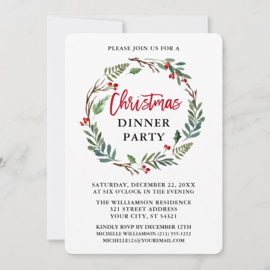 赤いブラシスクリプトウォーターカラーリースクリスマスパーティー 招待状 (正面)