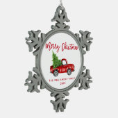 赤いブラシスクリプトウォーターカラーヴィンテージトラック スノーフレークピューターオーナメント (左)