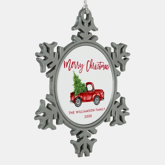 赤いブラシスクリプトウォーターカラーヴィンテージトラック スノーフレークピューターオーナメント (左)