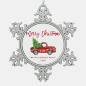 赤いブラシスクリプトウォーターカラーヴィンテージトラック スノーフレークピューターオーナメント (正面)