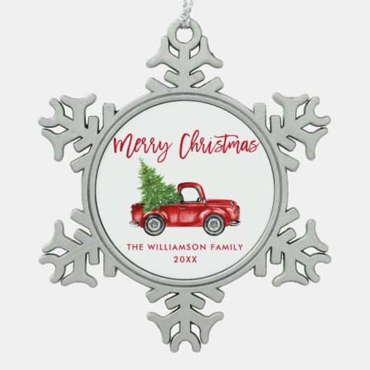 赤いブラシスクリプトウォーターカラーヴィンテージトラック スノーフレークピューターオーナメント (正面)