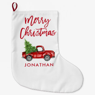 赤いブラシスクリプトヴィンテージ赤いトラックツリー ラージクリスマスストッキング