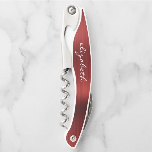 赤いブラシフェイクド仕上げメタルパーソナライズされたスクリプト ソムリエナイフ (正面)