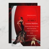 赤いブランチと泡立つ招待状の女性 招待状 (正面/裏面)