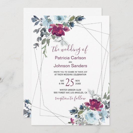 赤いブルゴーニュと埃っぽい青い冬のフローラ結婚の 招待状 (正面/裏面)
