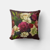 赤いブルゴーニュのガーネットグリーンとクリームの花 クッション (正面)