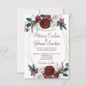 赤いブルゴーニュの牡丹金ゴールドの幾何学的結婚枠 招待状 (正面)