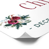 赤いブルゴーニュの花束の冬の結婚式のウェルカムサイン ポスター (角)