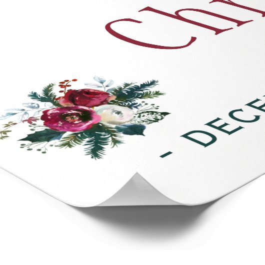 赤いブルゴーニュの花束の冬の結婚式のウェルカムサイン ポスター (角)