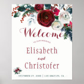 赤いブルゴーニュの花束の冬の結婚式のウェルカムサイン ポスター (正面)