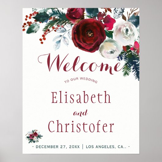 赤いブルゴーニュの花束の冬の結婚式のウェルカムサイン ポスター (正面)