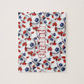 赤いブルーチームカラーズガールズボーイズサッカー ジグソーパズル (縦)