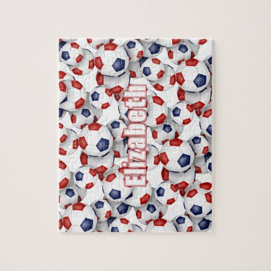 赤いブルーチームカラーズガールズボーイズサッカー ジグソーパズル (縦)