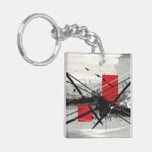 赤いブロックと黒い線の抽象芸術 キーホルダー (正面左)