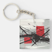 赤いブロックと黒い線の抽象芸術 キーホルダー (正面)