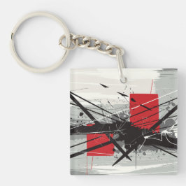 赤いブロックと黒い線の抽象芸術 キーホルダー