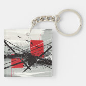 赤いブロックと黒い線の抽象芸術 キーホルダー (裏面)