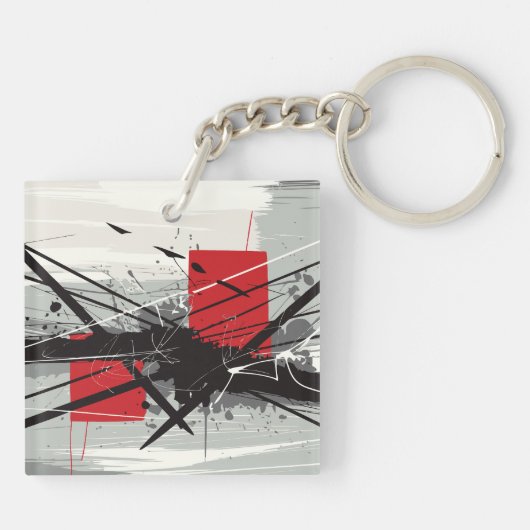 赤いブロックと黒い線の抽象芸術 キーホルダー (裏面)