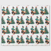 赤いブーツおよびクリスマスツリーを持つヴィンテージの女性のカーボーイ ラッピングペーパー (フラット)