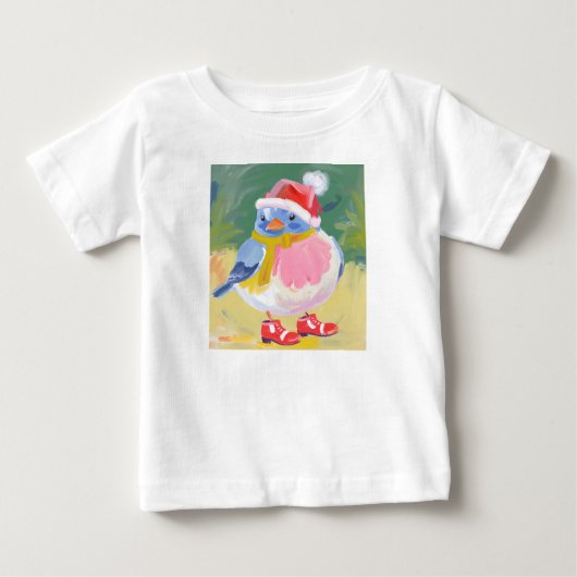 赤いブーツとサンタ帽をかぶったかわいい鳥 ベビーTシャツ (正面)