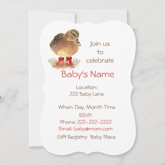 赤いブーツの可愛いアヒル赤ちゃんシャワー 招待状 (裏面)