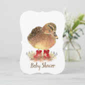 赤いブーツの可愛いアヒル赤ちゃんシャワー 招待状 (スタンド正面)