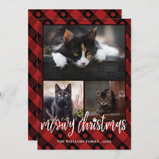 赤いプレイドのメオイクリスマスフォトコラージュ シーズンカード (正面/裏面)