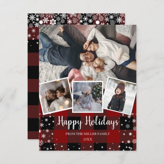 赤いプレイドの雪かき写真コラ数々のージュホリデー シーズンカード (正面/裏面)