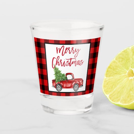 赤いプレイドブラシスクリプトヴィンテージトラッククリスマス ショットグラス (正面)