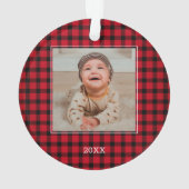 赤いプレイドベビーフォト初めてのクリスマス オーナメント (裏面)