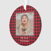 赤いプレイドベビーフォト初めてのクリスマス オーナメント (正面)