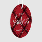 赤いプレイド初めてのクリスマスが祖父母の写真に オーナメント (正面)
