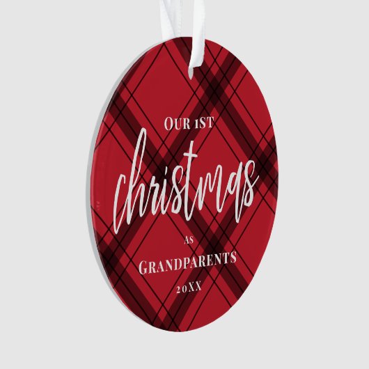 赤いプレイド初めてのクリスマスが祖父母の写真に オーナメント (正面)