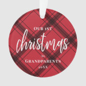 赤いプレイド初めてのクリスマスが祖父母の写真に オーナメント (正面)