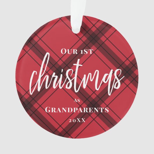 赤いプレイド初めてのクリスマスが祖父母の写真に オーナメント (正面)