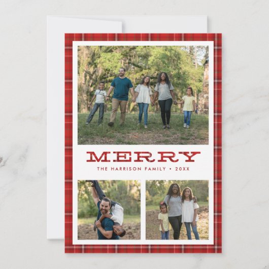 赤いプレイメリード3枚のフォトクリスマス シーズンカード (正面)