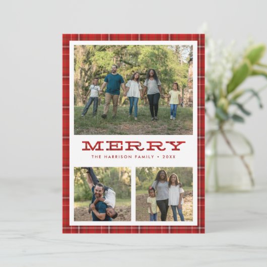 赤いプレイメリード3枚のフォトクリスマス シーズンカード (スタンド正面)