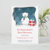 赤いプレゼントの小さな北極クマの1歳の誕生日 招待状 (スタンド正面)